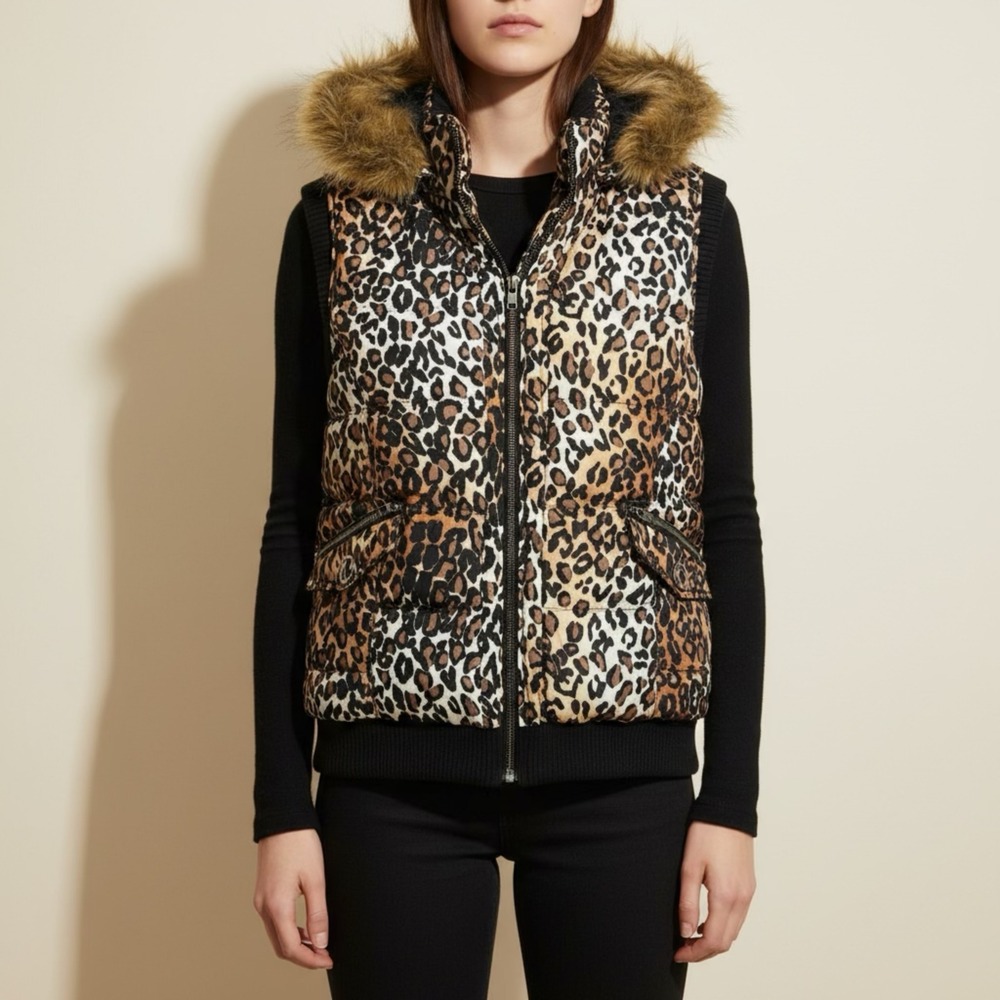 Women Leopard Print Puffer Vest Faux Fur Trim Hooded Zip Up Animal Print Brown